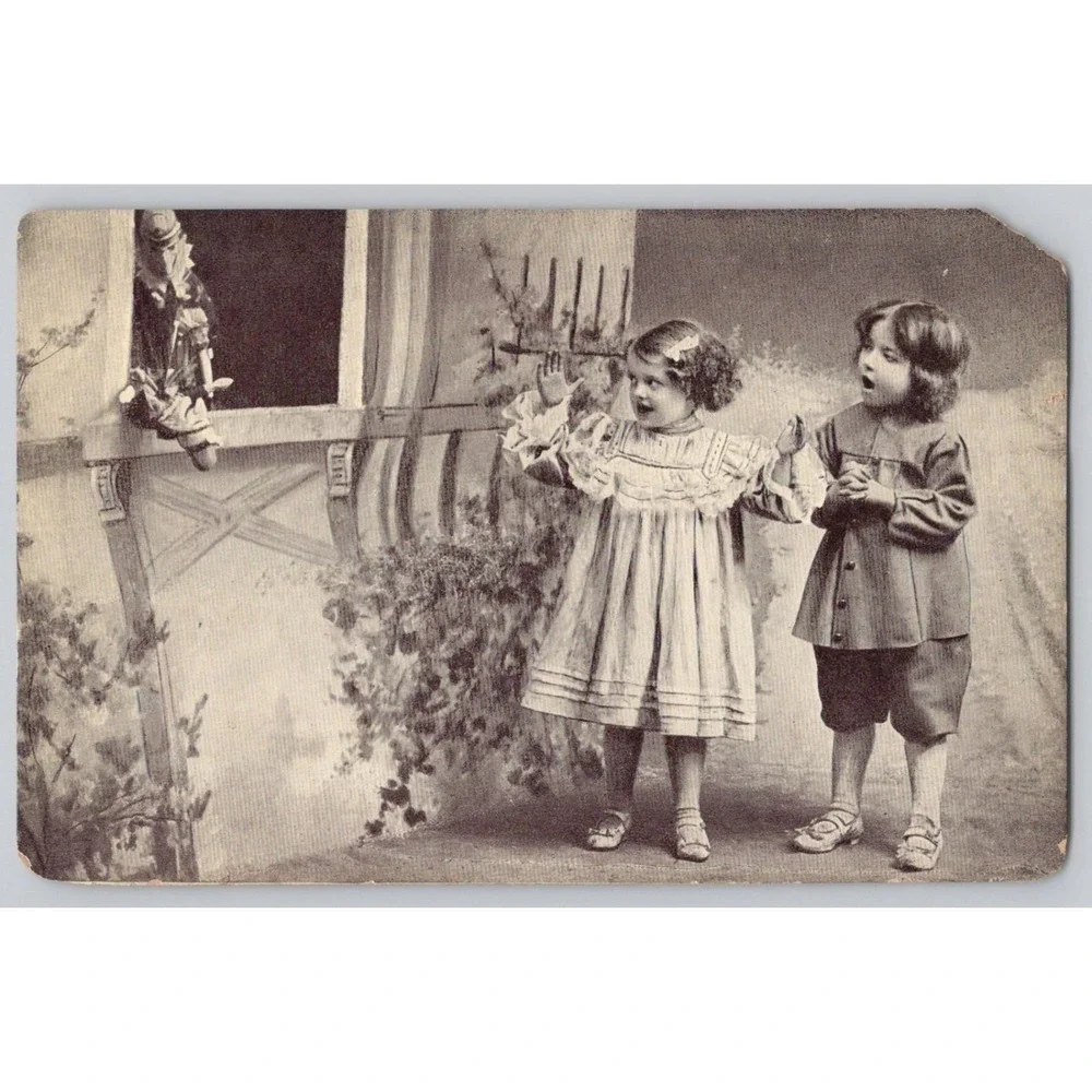 Punch and Judy‎ Puppets Children Watching Early European 1900s Postcard